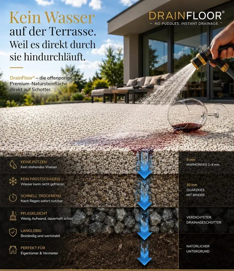 DrainFloor – Wasser läuft durch die offene Natursteinfläche
